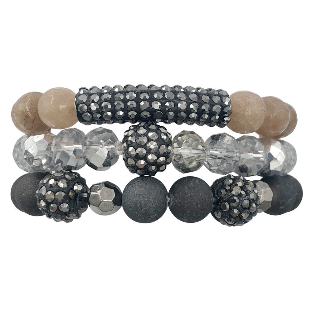 3 Row Layered Stone & Glass Sparkle Beaded Stretch Bracelets
